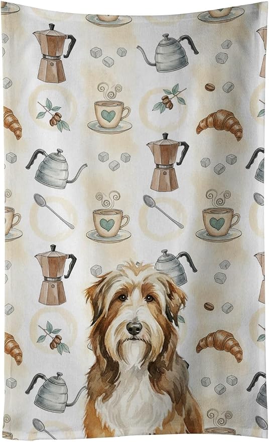 Caroline's Treasures Brown Bearded Collie Coffee Bar Kitchen Towel Velour Plush Front and Cotton Loop Back Machine Washable