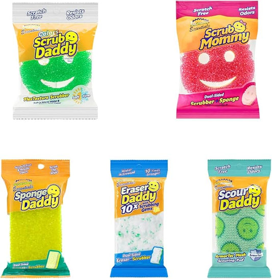 Scrub Daddy Essentials Complete Bundle (5 Pack), with Scrub Daddy, Scrub Mommy, Scour Daddy, Sponge Daddy and Eraser Daddy