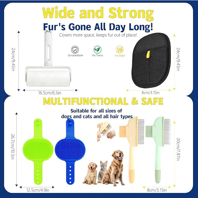 New BIONEMAGILI 4-in-1 Pet Hair Removal Kit - Refillable Lint Roller + Self-Cleaning Deshedding Comb + Electrostatic Glove + Soft Rubber Bath Brush, Multi-Surface Hair Remover for Cats/Dogs/Blue