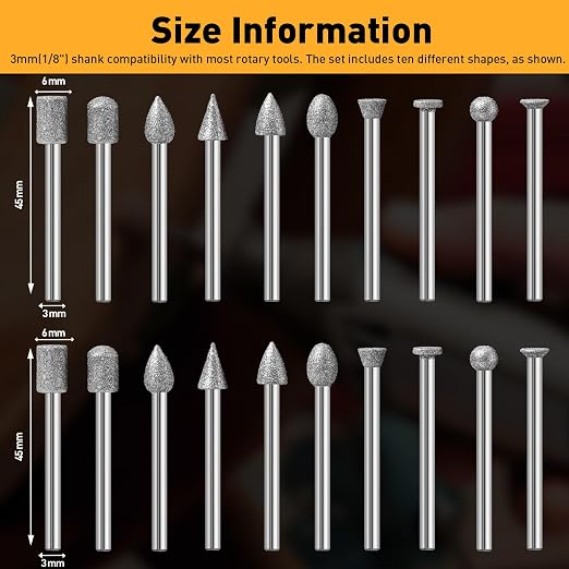 FOTYBEI 20PCS Diamond Grinding Burr Bits Set Compatible with Dremel Rotary Tools, 10 Shapes 1/8" Shank 120 Grit, for Polishing, Grinding, Carving on Glass, Ceramic, Stone (20Pcs-120 Grit)