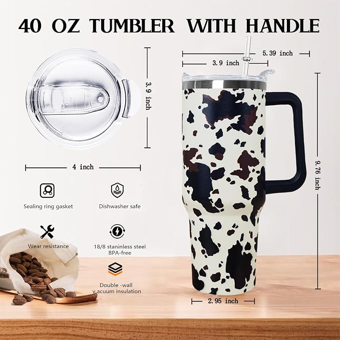 Ceovfoi 40 Oz Cow Print Tumbler With Handle,Cow Print Coffee Travel Mug Cup Water Bottle,Cow Print Decor,Cow Print Gifts for Women