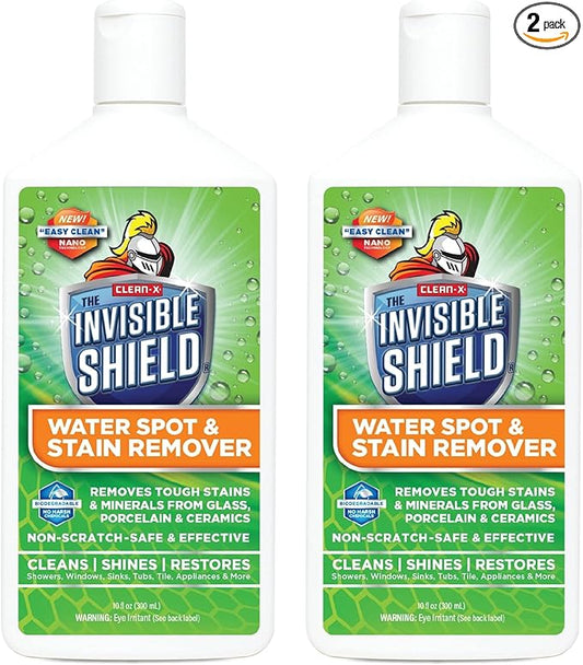 Invisible Shield Water Spot & Stain Remover Scrub 10 fl. oz. Removes Hard Water Spots and Soap Scum from Glass and Multi Surface by UNELKO- Clean-X Invisible Shield 2 Pack