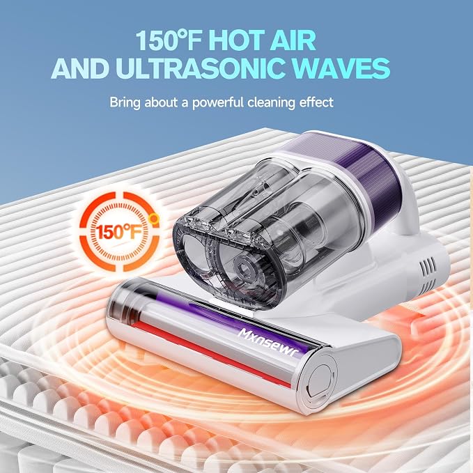 Mxnsewr Mattress Vacuum Cleaner, Ultrasonic Bed Vacuum Cleaner with 18Kpa Strong Suction, 150°F Heat & 253.7nm UV-C Light, Intelligent Dual Cup, One-Click Dust Removal for Bed, Sofa, Carpet, White