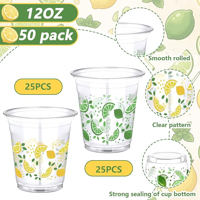Uiifan 50 Pcs Lemon Plastic Cups 12 oz Lemonade Stand Supplies Green Yellow Lime Lemon Disposable Clear Drinking Cup Summer Hawaiian Luau Party Decoration for Birthday Wedding Bridal Baby Shower Party