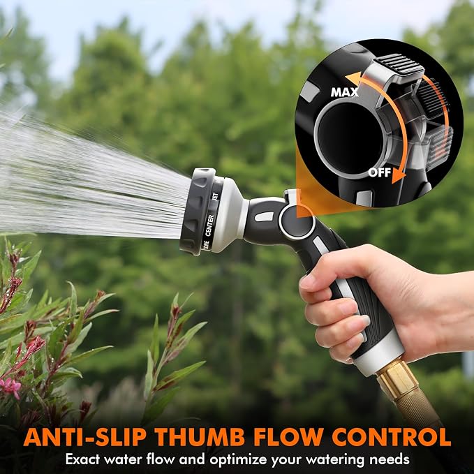RESTMO Hose Nozzle with Easy Self-Lock Trigger, Heavy Duty Metal Water Hose Sprayer with 9 Spray Patterns and On/Off Valve, High Pressure | Thumb Flow Control, Ideal for Outdoor Lawn & Plant Watering