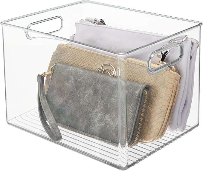 mDesign Plastic Storage Closet Organizer Bin, Container Bin for Entryway, Hallway, Linen, and Coat Closet - Organization for Clothing, Blankets, Toys, and Accessories, Ligne Collection, 4 Pack, Clear