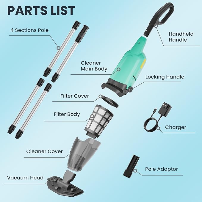 Cordless Pool Vacuum for Above Ground & Hot Tubs, Powerful Suction for Leaves, Sand & Debris, 18GPM