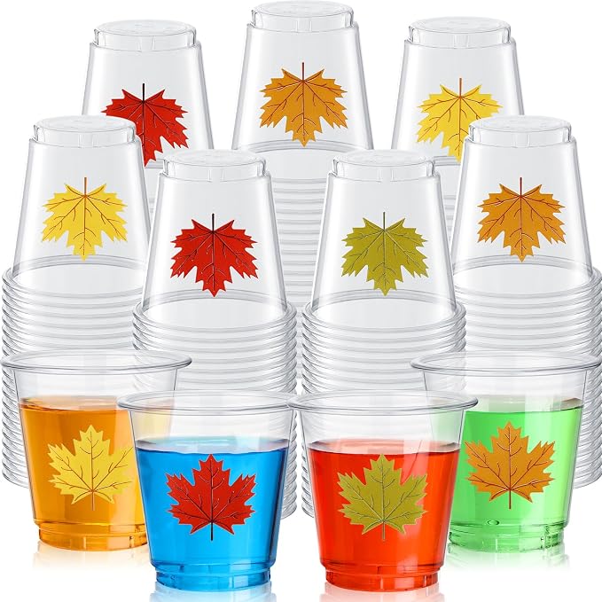 300 Pack 3 oz Thanksgiving Plastic Shot Glasses Thanksgiving Disposable Shot Cups Bulk Clear Mini Maple Leaf Tasting Cups for Autumn Fall Whiskey Party Favors Drinking Supplies