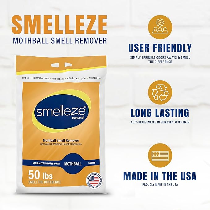 SMELLEZE Natural Mothball Smell Remover Deodorizer: 50 lb. Granules Gets Mothball Fumes & Odor Out