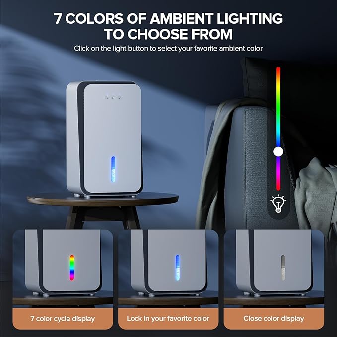 Dehumidifier for Home, Quiet Portable Dehumidifier with Auto Shut Off, 7-Color LED Light for Basement, Bedroom, Bathroom,Ivory