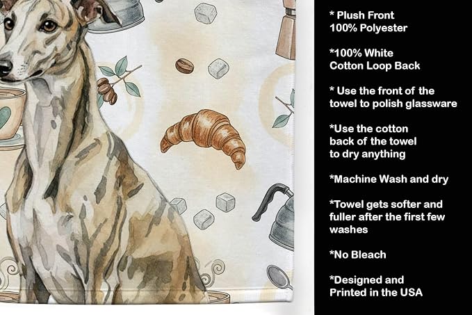 Caroline's Treasures Brindle Whippet Coffee Bar Kitchen Towel Velour Plush Front and Cotton Loop Back Machine Washable