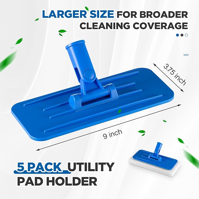 Maxdot 5 Pcs Utility Pad Holder 9" x 3.75" Threaded Swivel Universal Cleaning Scrub Pad Holder for 4.5" x 10" Multipurpose Cleaning Brush Mat Compatible with Threaded Handles (Blue)
