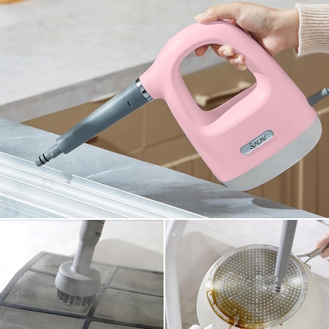 SALAV® CleanSteam Compact Steam Cleaner Pressurized Multi-Surface Handheld Steamer w/11pc Accessories, Safety Lock No-Drip Fast Heat Time Unlimited Use, for Cleaning Windows, Tiles, Grout, Car (Pink)