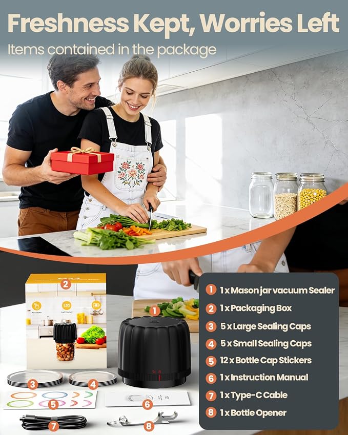 Upgraded Electric Mason Jar Vacuum Sealer Kits for Wide Regular Mouth Jars | -80kPa Vacuum Sealers Auto Canning Sealing Machine with 2500mAh Battery and 10 Lids for Food Storage Reducing Waste - RACAZL