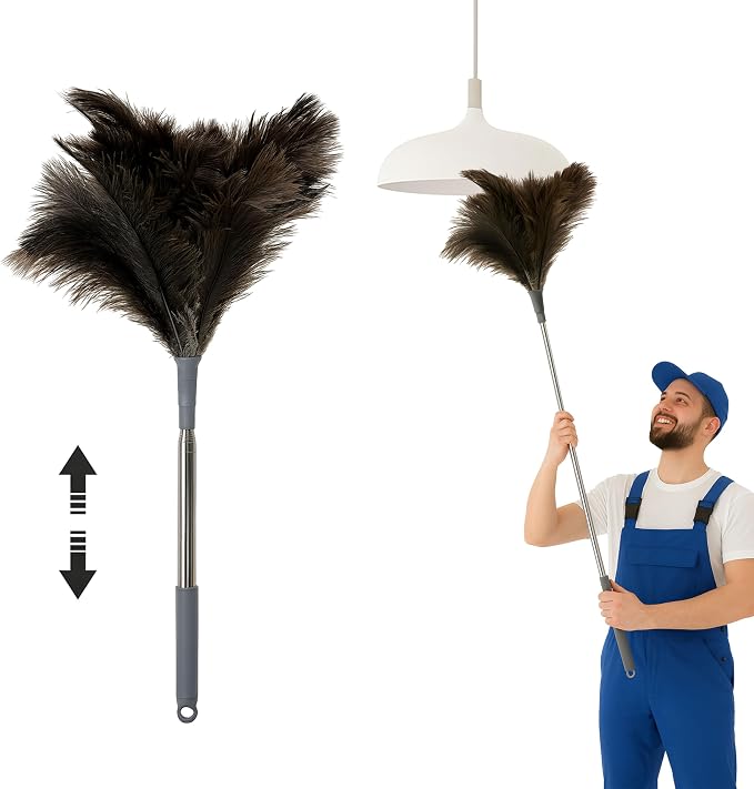 Ostrich Feather Duster, 51 Inch (1.3m) Long Reach Extendable Telescopic Pole, Natural Soft Dusting Brush for Furniture, Blinds, Ceiling Fans and Office Cleaning