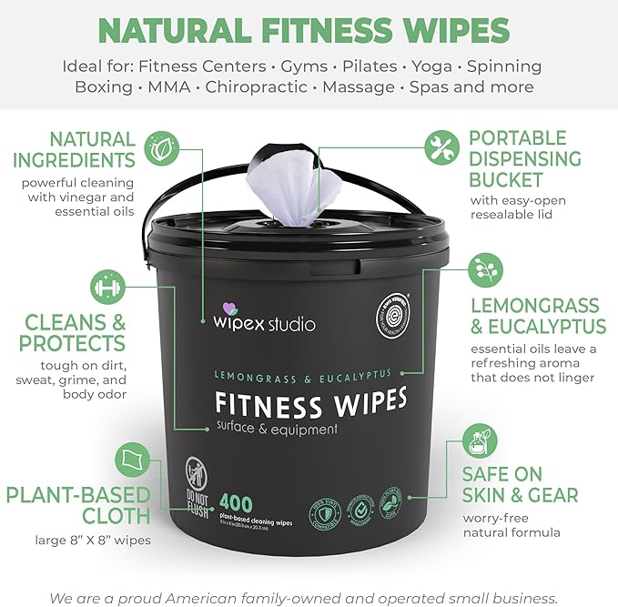Wipex Yoga Mat Cleaner Wipes, EWG Verified, 400 Ct Plant-Based Lemongrass, Eucalyptus & Vinegar Wipes for Gym & Fitness Equipment & All Purpose Gym Cleaning - Safe for Peloton Bikes & Treadmills