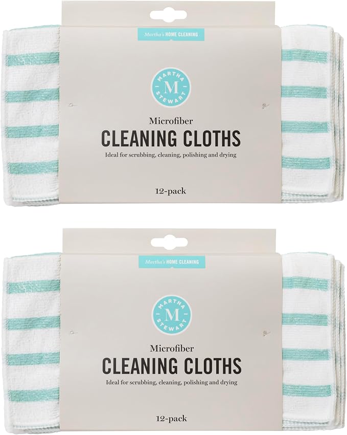 Martha Stewart Microfiber Cleaning Cloths, Ultra-Absorbent, Lint-Free Cleaning Towels for Home & Kitchen, Teal Stripes, 11 Inches, 24 Count
