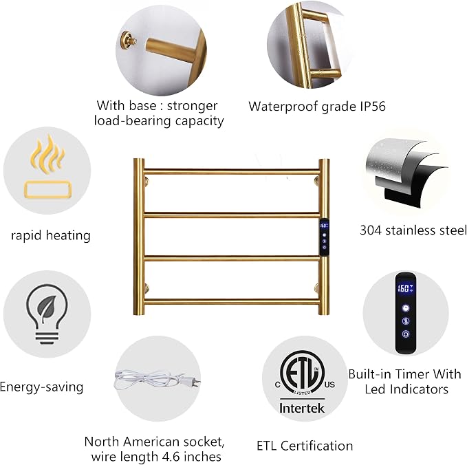 Towel Warmers for Bathroom, Wall Mounted Hot Towel Racks, Heated Towel Drying Rack with Timer & Temperature Multi-Level Adjustable (4 Bars Brushed Gold, Hardwired)