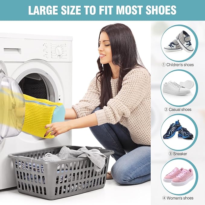 2 Pcs Shoe Washing Machine Bags with 4 Adjustable Shoe Trees, XXL Laundry Bags for Washer and Dryer, Sturdy Zipper with Hook Design, Reusable Cleaning Bag for Sneaker, Tennis (Yellow)