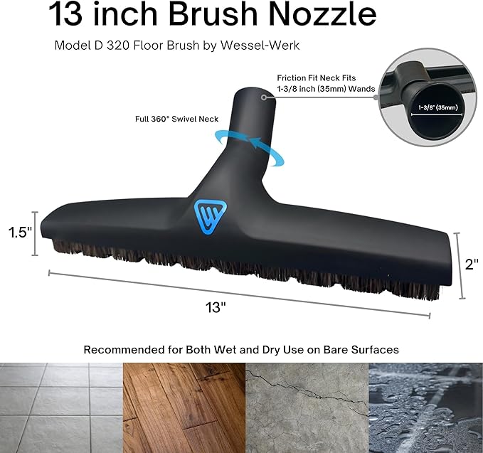 Wessel-Werk Deluxe Vacuum Floor Brush, Multi-Surface Vacuum Brush Attachment with 360° Swivel Neck, Soft Rubber Wheels, and Horse Hair Bristles Brush Nozzle (D 300-12 inch Brush, 1-3/8" (35mm) Neck)