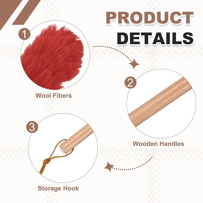 uxcell Wool Duster, 14.2" Natural Feather Cleaner Household Cleaning Duster with Solid Wooden Handle for Cleaning Fans Window Blinds Shelves Furniture, Red