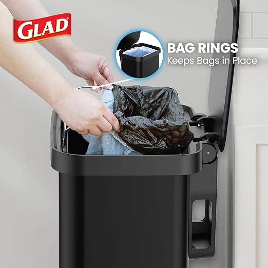 Glad 20 Gallon All Stainless Steel Trash Can with Clorox Odor Protection | Large Metal Kitchen Garbage Bin with Soft Close Lid, Garbage Bag Rings, Step On Foot Pedal and Waste Bag Roll Holder, Black