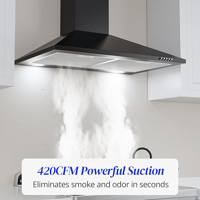 FIREGAS Black Range Hood 30 inch, Wall Mount Range Hood with LED Lights, 3-Speed Exhaust Fan, Ducted/Ductless Convertible, Aluminum Mesh Filters, Button Control, Black Kitchen Hood