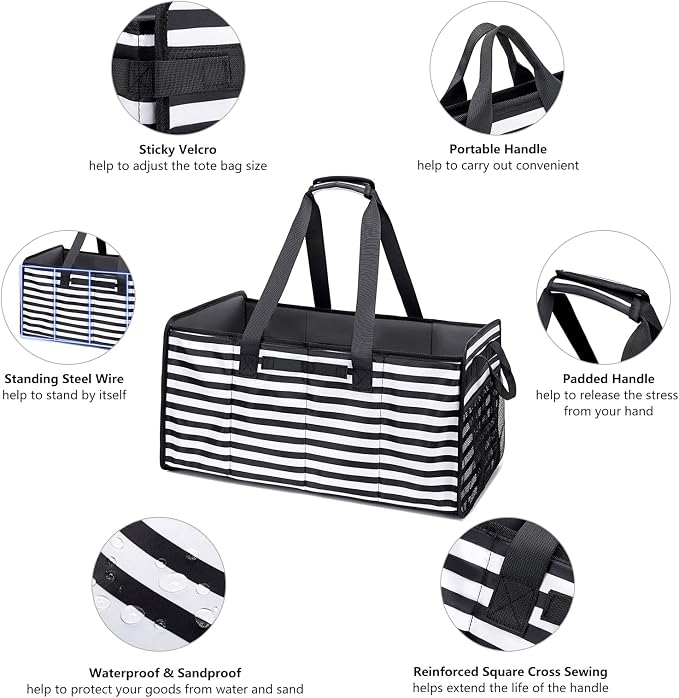 Extra Large Utility Tote Bag with Wire Frame Reusable Grocery Bags Foldable Heavy Duty Shopping Bags for Groceries Collapsible Totes with Handles for Carrying Heavy Loads Storage Car Trunk