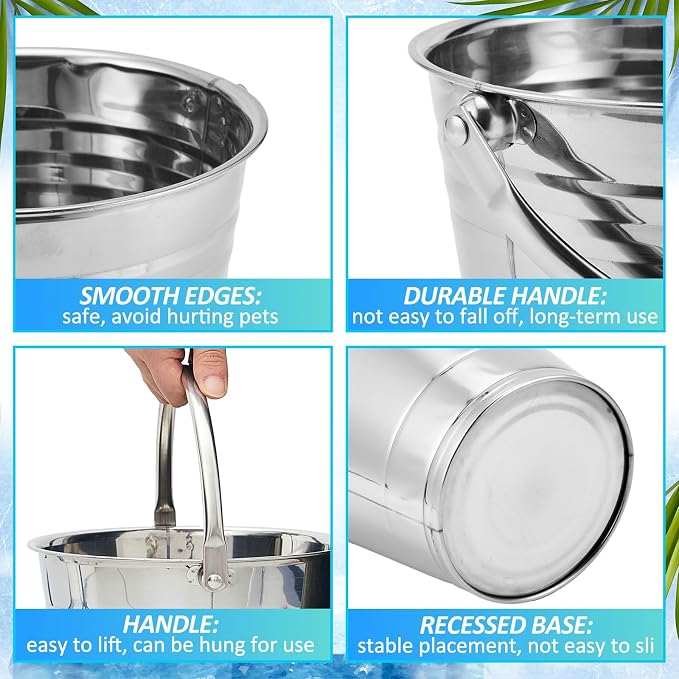 Hicarer 6 Pcs 2.1 Quart Stainless Steel Dog Water Bucket, Heavy Duty Stainless Steel Easy Clean Bucket Water Pails for Dogs Pets, for Kennels Farms Fences Cages Home