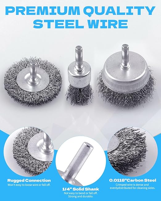 Rocaris 7-Pack Carbon Steel Wire Wheel Brush Set - Cup, Wheel, Pen Brushes with 1/4-Inch Round Shank for Rust Removal, Corrosion and Scrubbing Surfaces