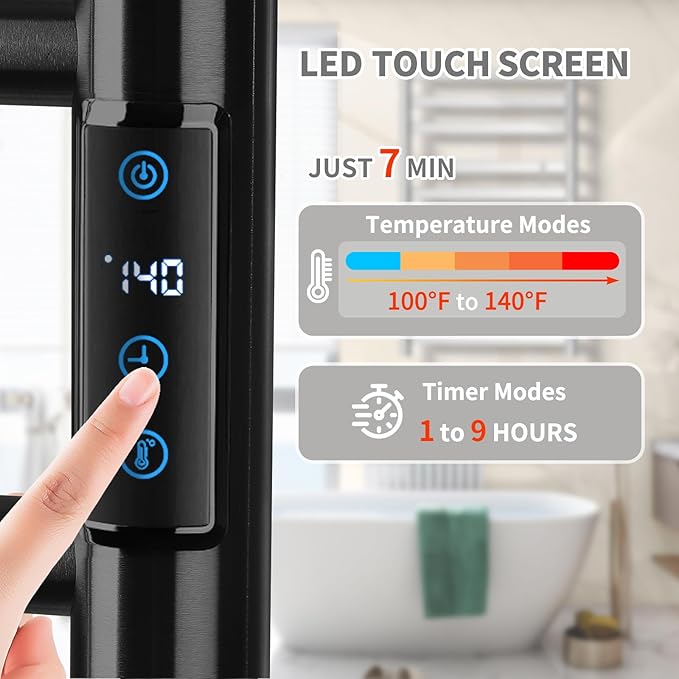 Towel Warmer Rack for Bathroom, Heated Towel Rack Wall Mounted, Stainless Steel, Warmers Rack for Bathroom, Fast Heating, Smart Timing & Temperature Control, Plug-in, Black