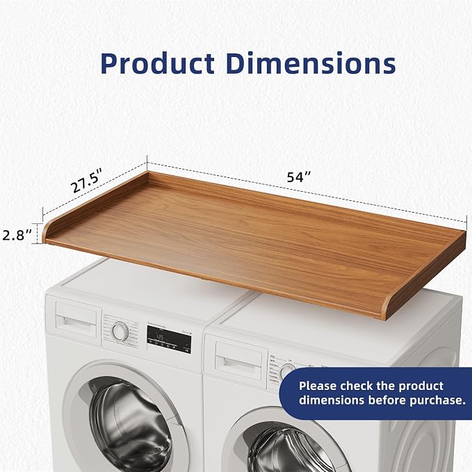 Memobarco Washer Dryer Countertop, 54" Width x 27.5" Depth Laundry Countertop Organization, Wooden Washer and Dryer Topper for Folding, Sorting & Ironing, Easy to Install, Walnut