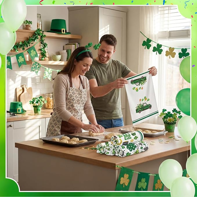 Hahafelt 12 Pcs St. Patrick's Day Kitchen Towels, Easter Hand Towels Seasonal Holiday Valentine's Day Decorative Dish Decor with Truck Shamrocks Bunny Absorbent Soft for Kitchen Bathroom, 16 x 24 Inch