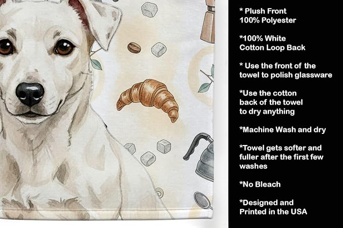 Caroline's Treasures White Jack Russell Terrier Coffee Bar Kitchen Towel Velour Plush Front and Cotton Loop Back Machine Washable