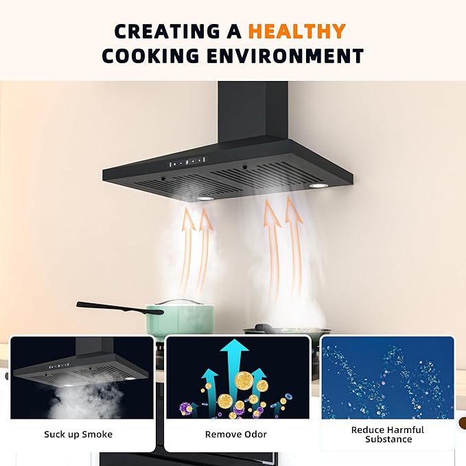 FIREGAS Black Range Hood 30 inch, 450 CFM Wall Mount Range Hood with Ducted/Ductless Convertible, Gesture Sensing Control & Touch Control Kitchen Hood Vent, Baffle Filters, Charcoal Filters