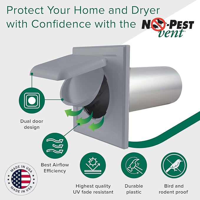 NO-PEST VENT, Exclusive Dual Door Dryer Vent Cover Outdoor 4 inch or Bathroom fan, Made in USA w Highest UV Resistant Plastic in any Outdoor Vent Cover (Slate Grey, 4 inch W/O Duct Tube)