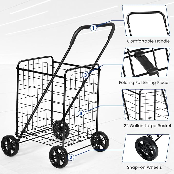IRONMAX Grocery Shopping Cart, Foldable Heavy Duty Utility Cart w/Large Wheels for Easy Installation and Removal, Lightweight Trolley Cart for Grocery Laundry Luggage (Black)