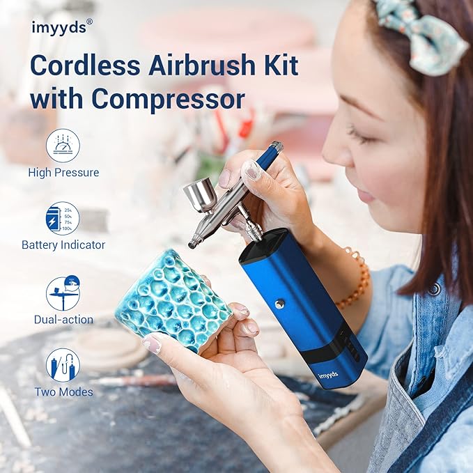 imyyds Airbrush Kit with Compressor, 32 PSI High Pressure Cordless Airbrush Gun, Portable Dual Action Airbrush Compressor Set, Handheld Mini Rechargeable Air Brushes for Painting, Model, Nail, Makeup