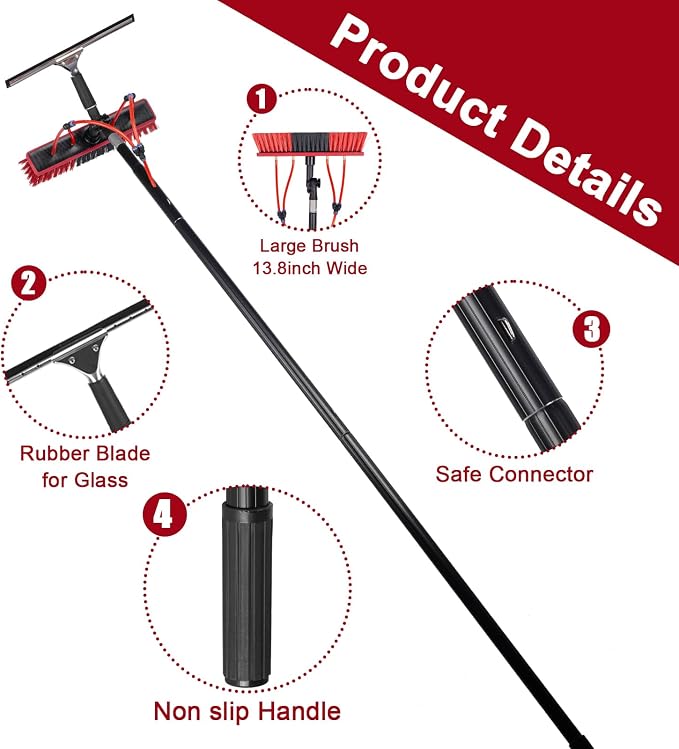 16.5ft Water Fed Pole Kit, Rotatable Solar Panel Cleaning Brush & Squeegee, 2 Dusting Brush, Extendable Black Lightweight Pole for Roof Window