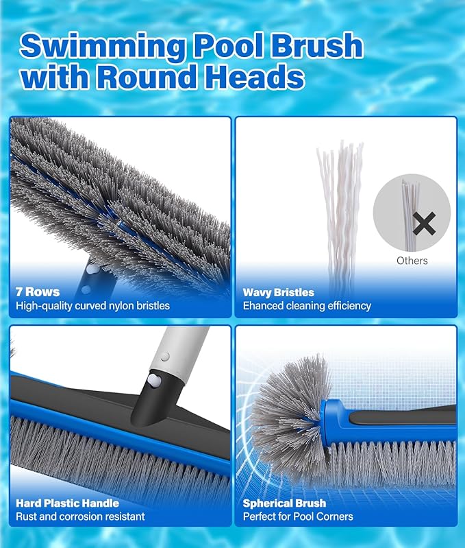 4-in-1 Deluxe Pool Cleaning kit, Pool Cleaning Tools with 10Ft Adjustable Pole, 13.4'' Fine Mesh Skimmer Net, 17.3'' Swimming Pool Brush & Extra Brush Head for Cleaning Inground & Above Ground Pools