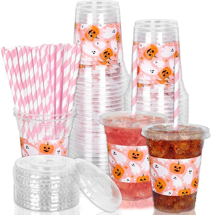 Whaline 50 Pcs Halloween Disposable Plastic Cups with Lids and Straws 12 oz Cute Pink Pumpkin Ghost Cold Beverage Drinking Cups for Birthday Party Favors