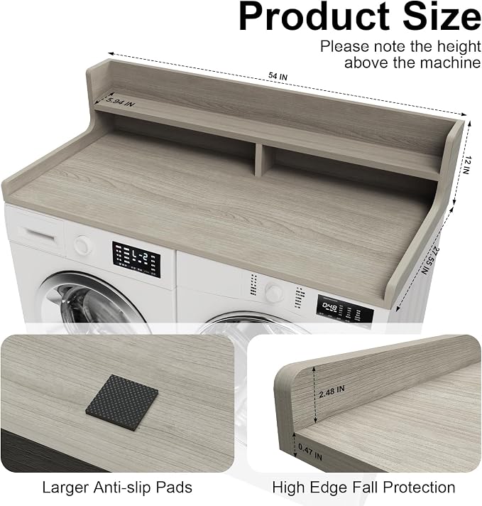 Washer Dryer Countertop, 54" x 27.55" 2-Tier Washer Dryer Topper with Edge, for Laundry Room Organization Pale Grey Wood