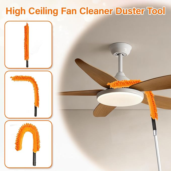 26FT High Reach Duster with Extension Pole 5-20FT, 4-in-1 Cleaning Kit with Universal Swivel Joint | High Ceiling Fan Cleaner, Cobweb Duster & Window Squeegee for Safe High-Reach Cleaning