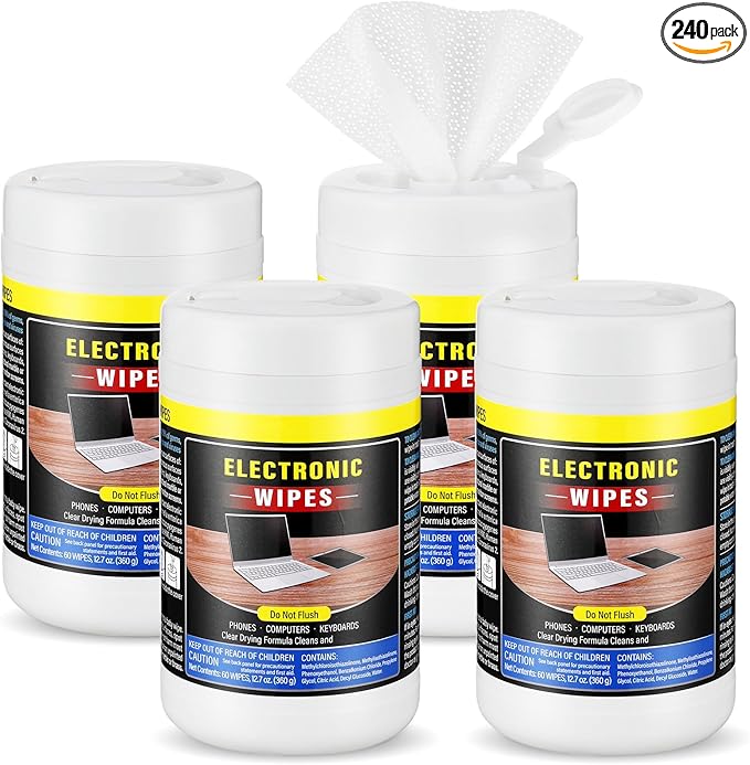 Threlaco 4 Pack 240 Count Electronic Wipes Screen Cleaner Wipes for Computer Laptop Monitor Lens Phone TV Screens Keyboard Cleaning