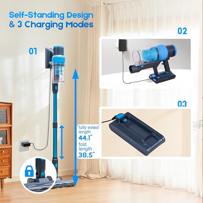 Cordless Vacuum Cleaner, Max 580W 55kPa 60mins Powerful Lightweight Rechargeable Stick Vacuum With Anti Tangle, Green Light, Self-Standing Vacuum Cleaners For Home, Hardwood Floor, Pet Hair, Carpet