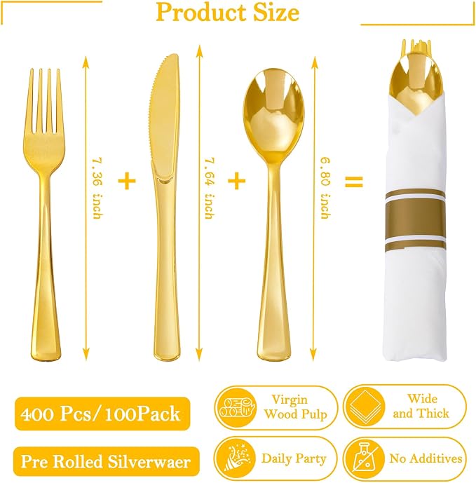 Supernal 100 Pack Gold Plastic Silverware with Napkins, Pre Rolled & Wrapped Gold Disposable Utensils Set (100 Forks, 100 Spoons, 100 Knives), Heavy Duty Plastic Cutlery Rolls for Wedding & Party