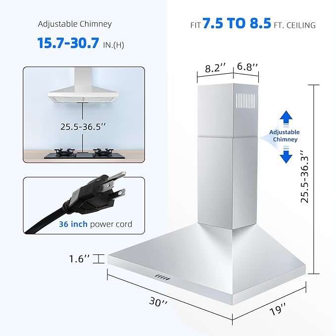 FIREGAS Range Hood 30 Inch, Stainless Steel Wall Mount Kitchen Hood 450 CFM with 3 Speed Exhaust Fan, Ducted/Ductless Convertible, Stove Vent Hood with Aluminium Mesh and Charcoal Filters