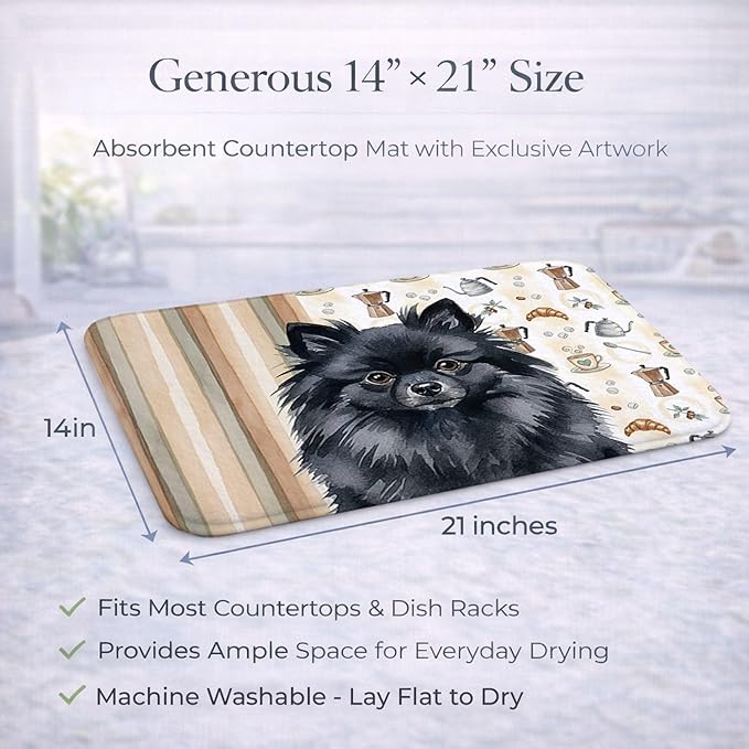 Caroline's Treasures Black Pomeranian Coffee Bar Dish Drying Mat Absorbent Dish Drying Mat Pad for Kitchen Counter Dish Drainer Mat for Countertop, 14 x 21", Multicolor