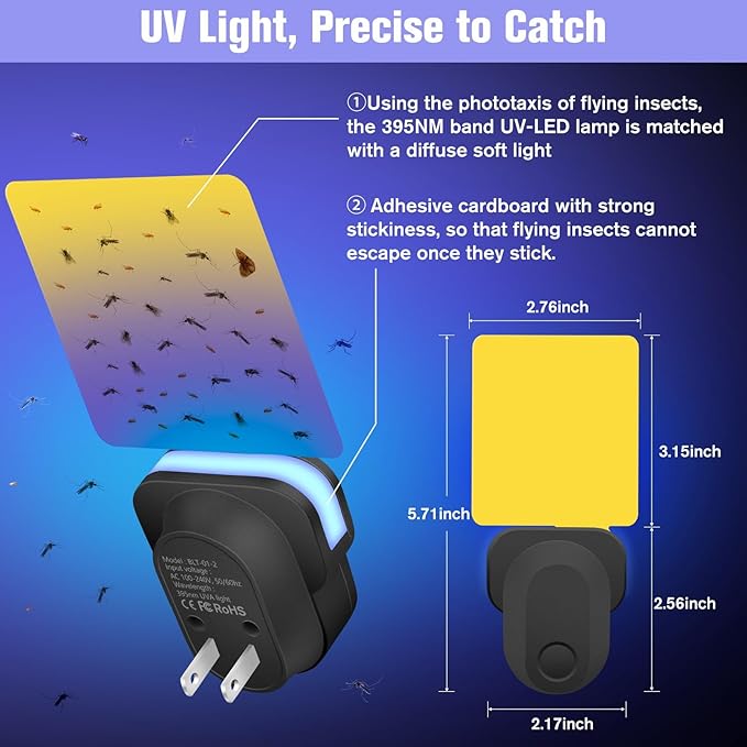 Flying Insect Trap Plug-in, Indoor Mosquito & Gnat Killer, Safe Non-Toxic UV Light Fly Catcher, Night Light Bug Trap with Sticky Pad for Flies, Gnats, Moths (1 Pack, Deep Black)
