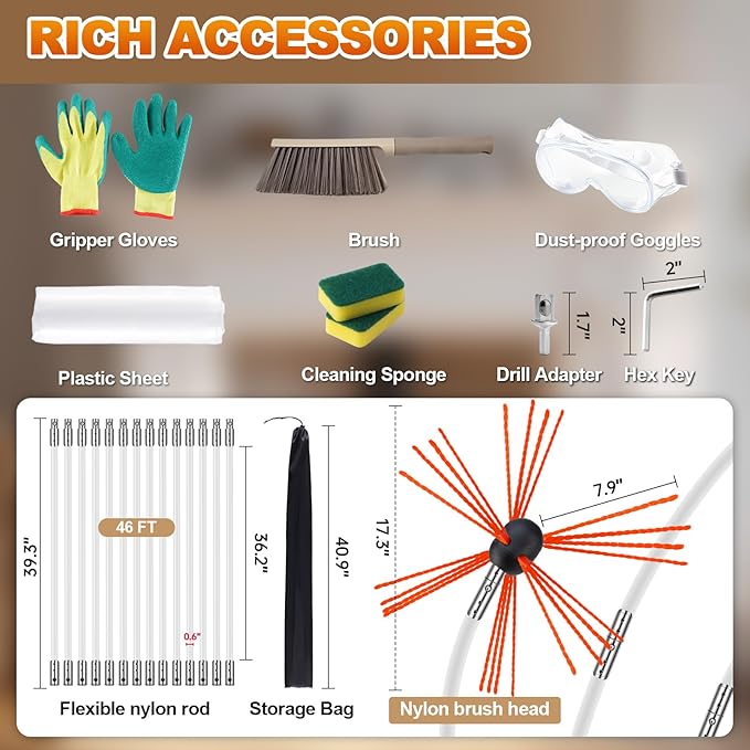 Bluesea Chimney Sweep Kit - Extends Up to 46 Feet, Includes 14 Flexible Rods and Strong Brush for Efficient Cleaning
